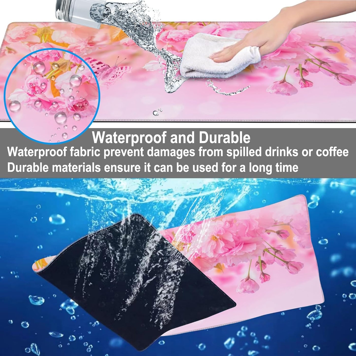 Mouse Pad, Large Pink Sakura and Butterfly Desk Mat, Extended Non-Slip Gaming Keyboard Mousepad Desk Pad, Thick Stitched Edges Waterproof Mouse Mat 31.5"x15.7" (Blossoming Cherry Flowers)