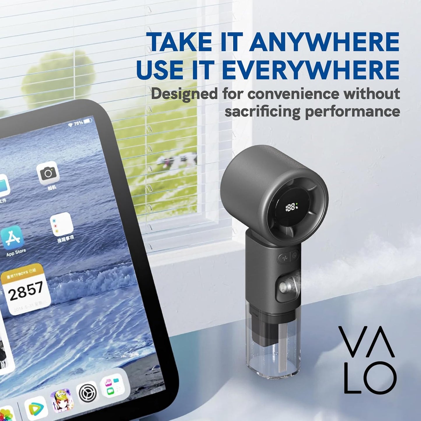 Valo Portable Rechargeable Fan - Mini Cooling Fan for Travel, USB Desk Personal Fan with 4 Speeds, 50ml Tank for Water Cooling Technology, Quiet Operation, 2,000 mAh Battery - Titanium Gray