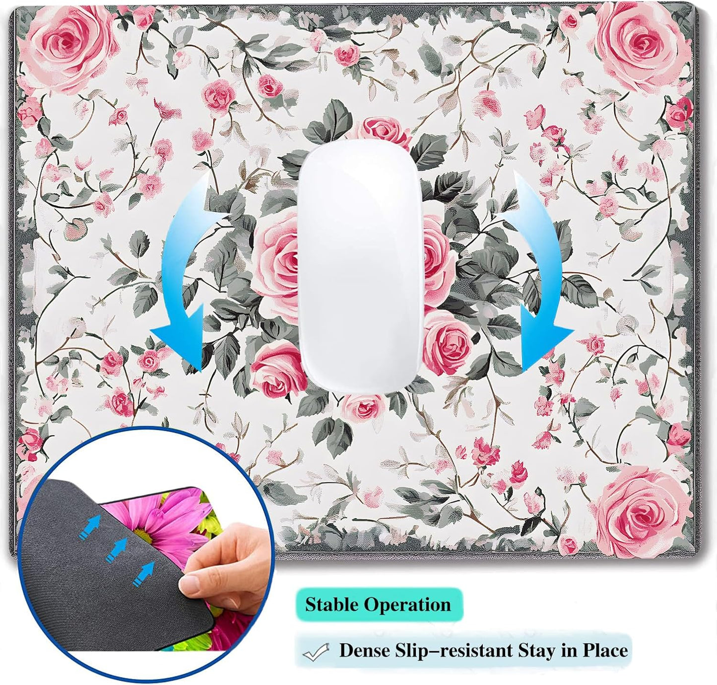 Vintage Flower Floral Custom Mouse Pad with Non-Slip Rubber, Small Square Design for Wireless Laptop & Computer Mouse Pads for Desk, 9.5 x 7.9 inch Smooth Surface for Gaming & Office