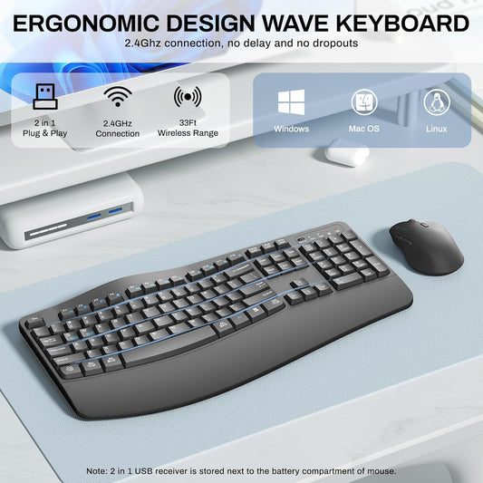 Wireless Keyboard and Mouse Combo,2.4G Full Size Wave Keys Ergonomic Keyboard with Wrist Rest for Natural Typing, 3 DPI Adjustable Ergonomic Silent Mouse for Computer/Laptop/Windows/Mac (Grey)