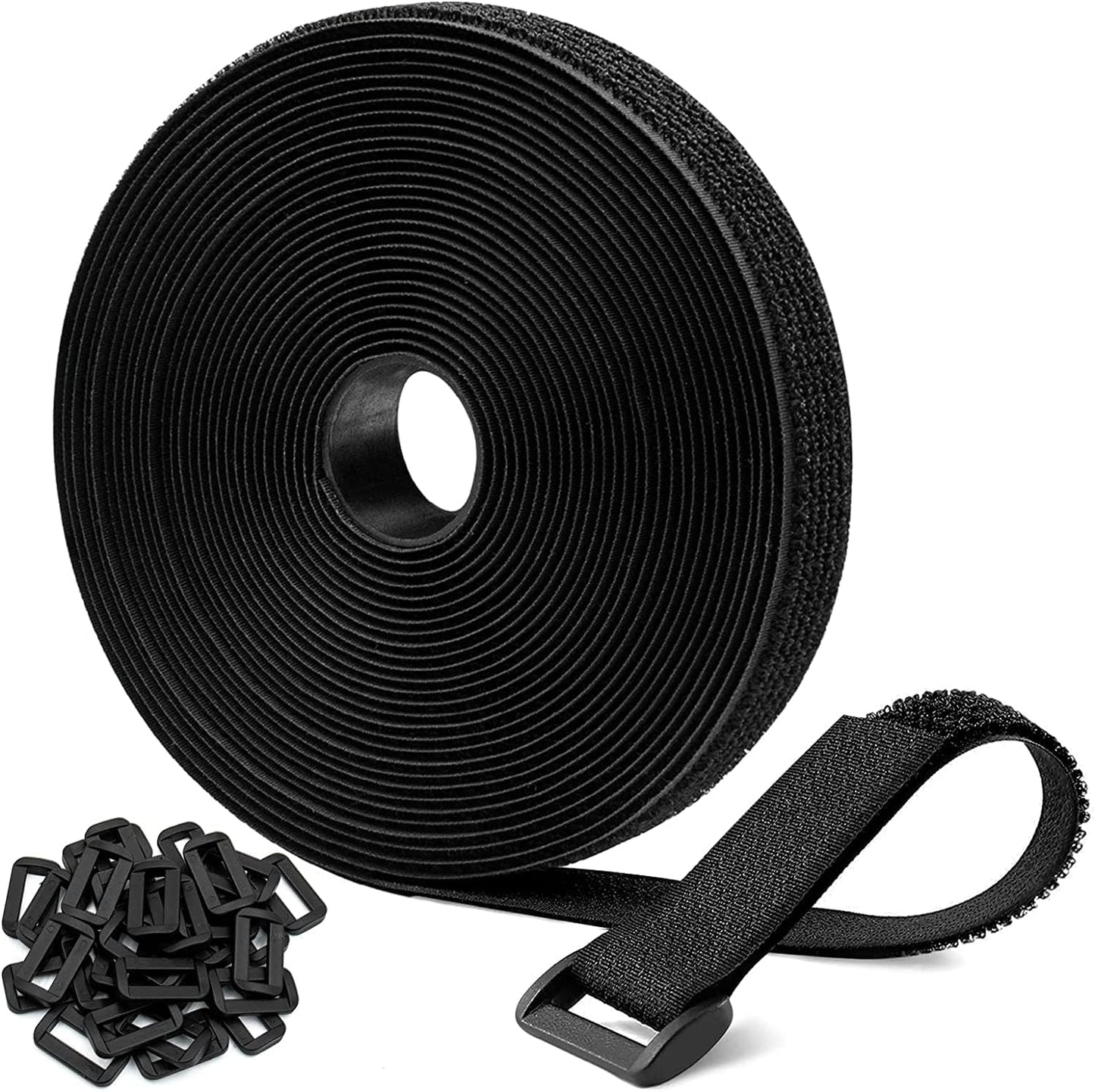 26Ft x 0.8In Adjustable Cable Straps with 30 Buckles, Free Cut Length, Black Reusable Nylon Fastening Cable Ties,Hook and Loop Securing Strap for Cable Tidy Organizer or Storage