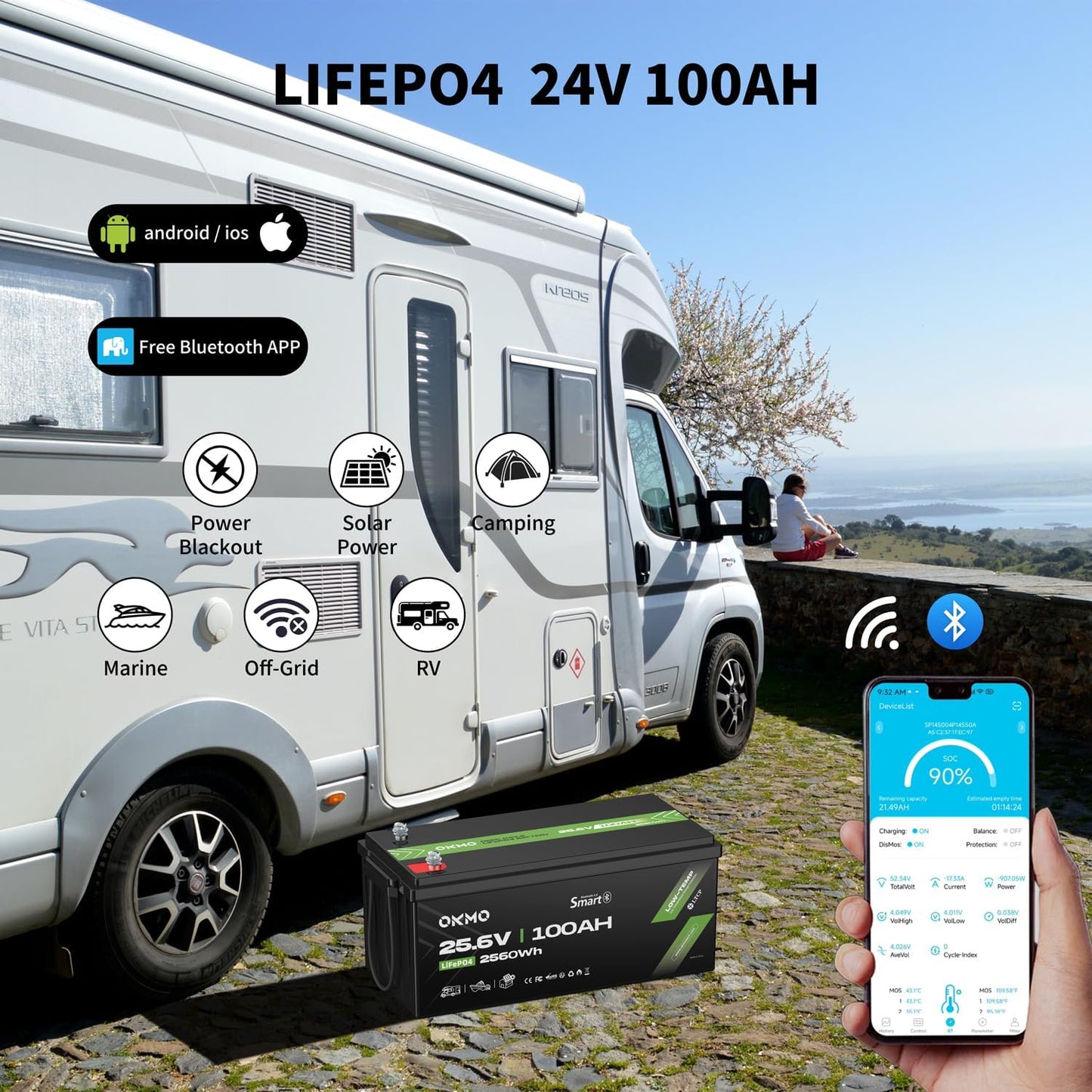 OKMO 24V 100Ah LiFePO4 Lithium Battery with Bluetooth for Marine, Trolling Motor, RV, 10 Years 15000+ Deep Cycles, 25.6V Iron Phosphate for Home Solar Energy Storage Off-Grid