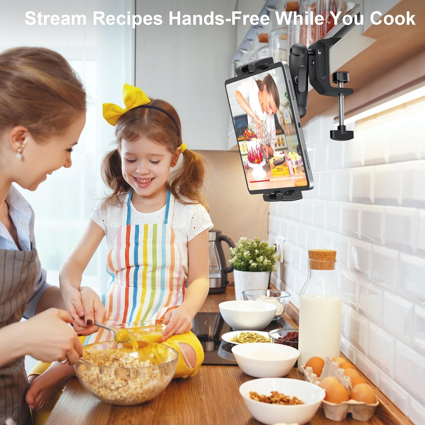 iPad Under Cabinet Mount, Kitchen Tablet Mount Holder, iPad Desk Mount w/Clamp, Aluminum Base&Metal Arm, 360° Rotation, Compatible with 4.7"-12.9" iPad Pro/Air/Mini/Kindles/Galaxy Tab/Phones