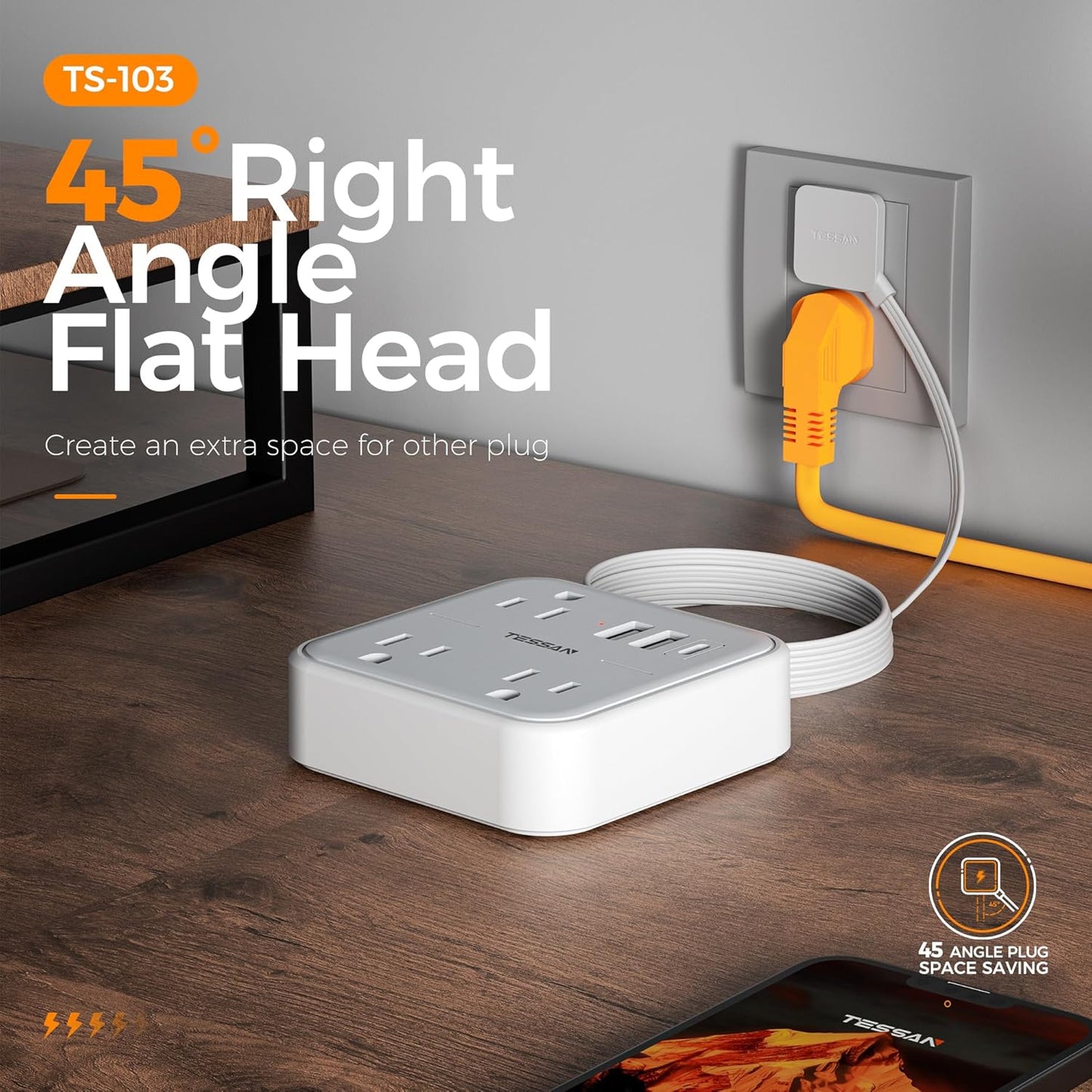 Extension Cord Flat Long Power Strip 15 FT, TESSAN Surge Protector Power Strip with USB Ports (1 USB C), Flat Wall Outlet Extender with 3 Outlets for Home, Office, School, Dorm Room Essentials