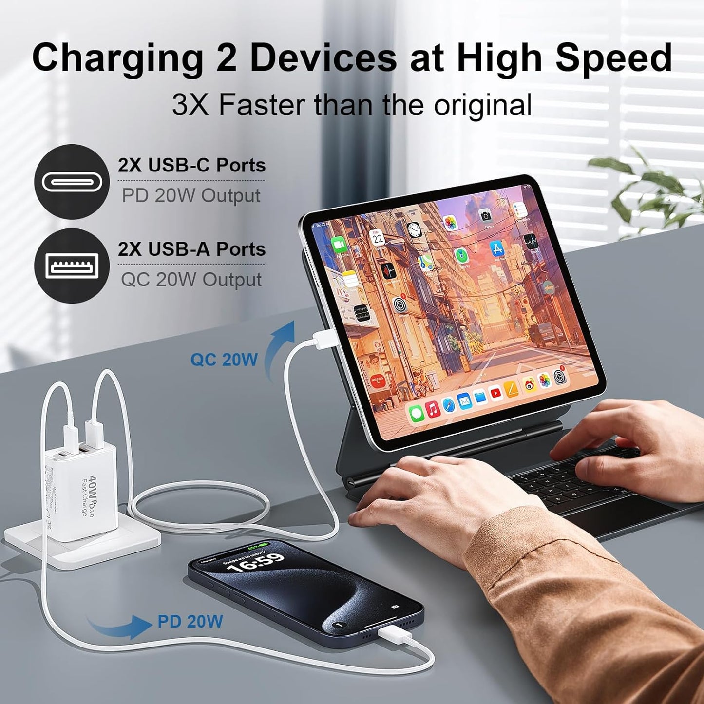 40W USB C Charger Block for iPhone 17/17 Pro/17 Pro Max/Air/16/16 Pro/16 Pro Max/16 Plus/15/15 Pro Max/14 13 12 11 Pro Max XS XR X, 4-Port PD+QC Multiport Power Adapter Type C Fast Charging Brick Cube