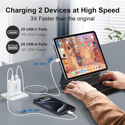 40W USB C Charger Block for iPhone 17/17 Pro/17 Pro Max/Air/16/16 Pro/16 Pro Max/16 Plus/15/15 Pro Max/14 13 12 11 Pro Max XS XR X, 4-Port PD+QC Multiport Power Adapter Type C Fast Charging Brick Cube