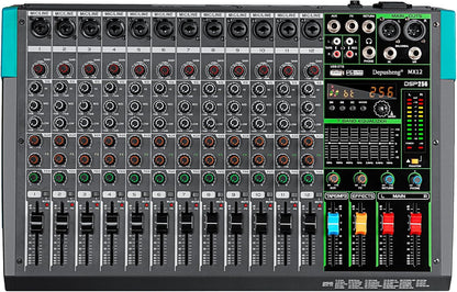 Depusheng MX12 12 Channel Sound Mixer Audio Mixing Console 48V 256DSP Professional USB PC Play Record Podcast Live Broadcast (US MX12)