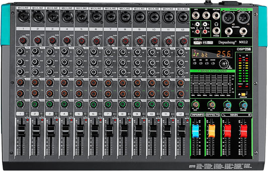 Depusheng MX12 12 Channel Sound Mixer Audio Mixing Console 48V 256DSP Professional USB PC Play Record Podcast Live Broadcast (US MX12)