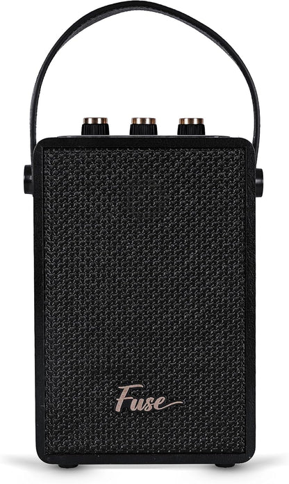 Fuse Andle Vintage Retro Bluetooth Speaker with Vegan Leather Handle | Portable Speaker with Smartphone Connection | USB & AUX Input | Stylish Black Wood Exterior