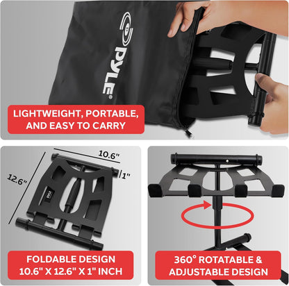 Pyle Portable Folding Laptop Stand - Standing Table with Adjustable Angle, Foldable Height and Four Prong Anti-Slip Tray for iPad, Tablet, DJ Mixer, Workstation, Gaming and Home Use - PLPTS55