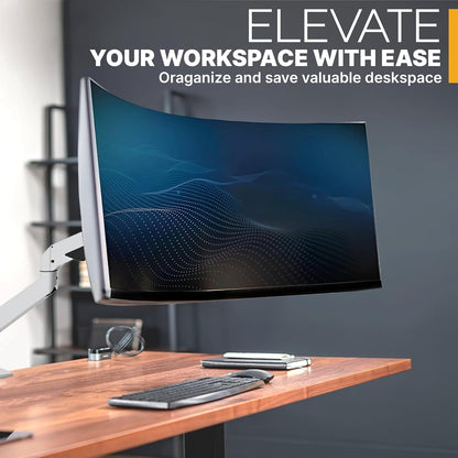 Premium Height Adjustable Single Monitor Arm Stand: Desk/Grommet Mount, Gas Spring Lift, VESA 75x75 or 100x100mm, Flat Curved Ultrawide Computer Screens up to 49in and 44lbs, Silver