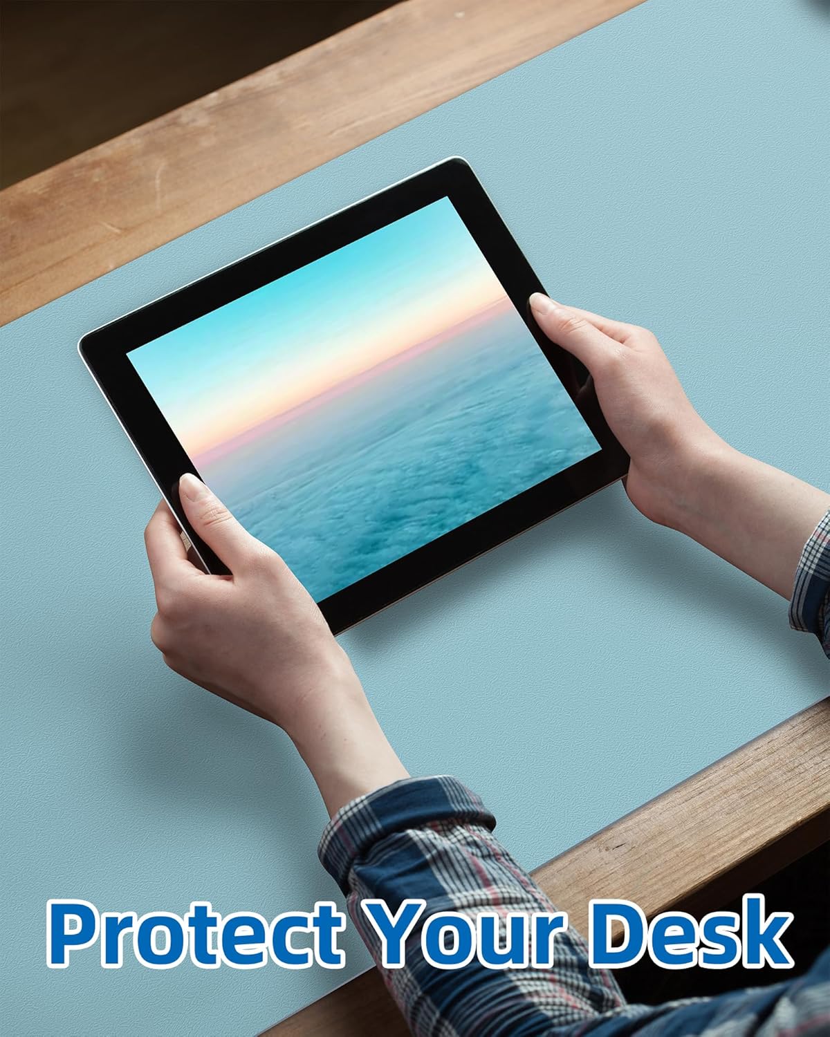 Leather Desk Pad Protector,Mouse Pad,Office Desk Mat, Non-Slip PU Leather Desk Blotter,Large Desk mat,Waterproof Keyboard mat for Office/Home/Decor (Light Blue,55" x 17")