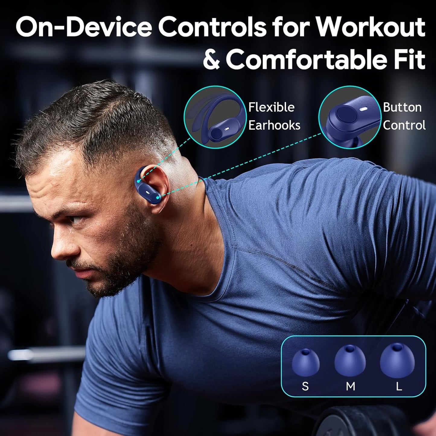 GOLREX Active Noise Cancelling Ear Buds Wireless Earbuds Bluetooth Headphones with 80H Playtime LED Display Wireless Charging Case, Over-Ear Hooks Earbud for Sports Running Gym Workout Blue