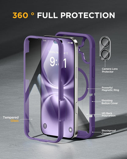 Miracase for iPhone 16 Case 6.1'', [Bubble Free] Full-Body Bumper Phone case with Built-in Full Glass Screen &Lens Protector,No Gap,Compatible with MagSafe,Drop Proof 16 Cover,Purple
