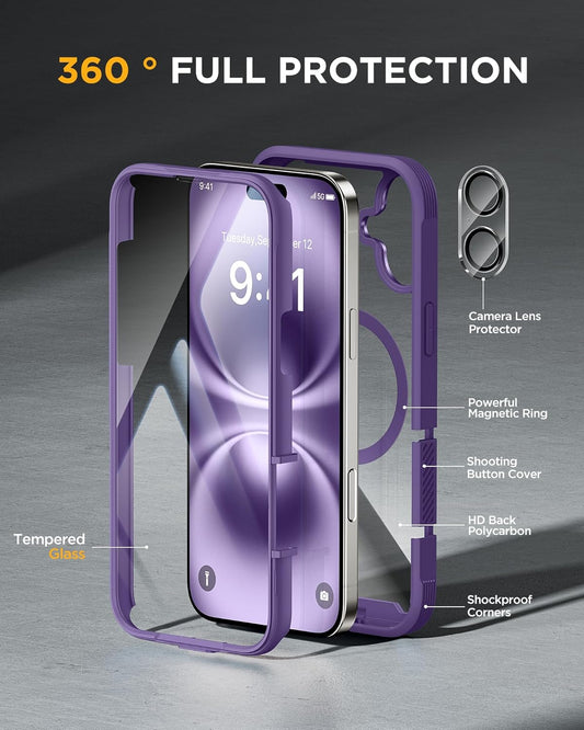 Miracase for iPhone 16 Case 6.1'', [Bubble Free] Full-Body Bumper Phone case with Built-in Full Glass Screen &Lens Protector,No Gap,Compatible with MagSafe,Drop Proof 16 Cover,Purple