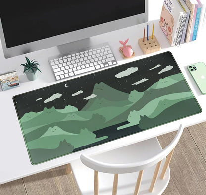 Anime Green Cats Mouse Pad Desk Pad Kawaii Cartoon Cat Desk Mat Cute, XXL Large Laptop Gaming Mousepad Keyboard Mouse Mat, Office Desk Decor matt for Women with Stitched Eges Pad, 31.5x15.75 in