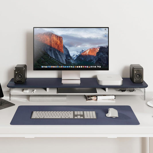 Fenge Acrylic Monitor Stand Riser, 42.5 Inches Dual Monitor Stand with Metal Storage, 2 Tier Acrylic Computer Riser for Desk, Clear Laptop Stand for PC, Laptop, Printer, TV, Blue