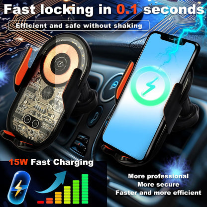 Wireless Car Charger, 15W Fast Charging Auto-Clamping Car Charger Phone Mount Air Vent Cell Phone Holder Compatible with iPhone 16 Pro Max/15/14/13/12/11, Samsung Galaxy S23/S22/S21/S20, etc