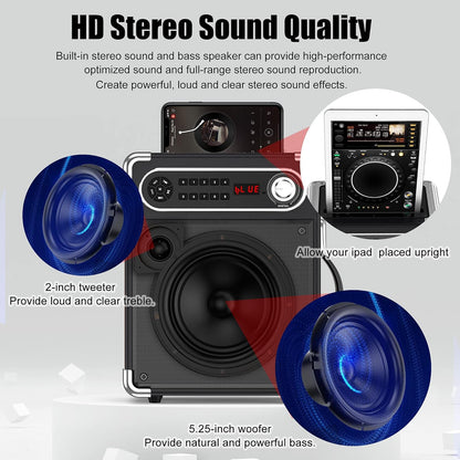 Bluetooth Speaker with Two Wireless Microphones, Outdoor Speaker with Subwoofer/Tweeter, Portable PA Speaker System with Remote Control, Discol Lights, FM, REC for Home, Party
