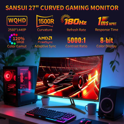 SANSUI 27 Inch WQHD 2560X1440 Curved Gaming Monitor, 180Hz MPRT 1ms Computer Monitor,HDMI2.0 * 2, DP1.2 * 2, Freesync, Curved 1500R, 5000:1 Contrast Ratio, 120% sRGB,HDR(ES-G27C1Q DP Cable Included)