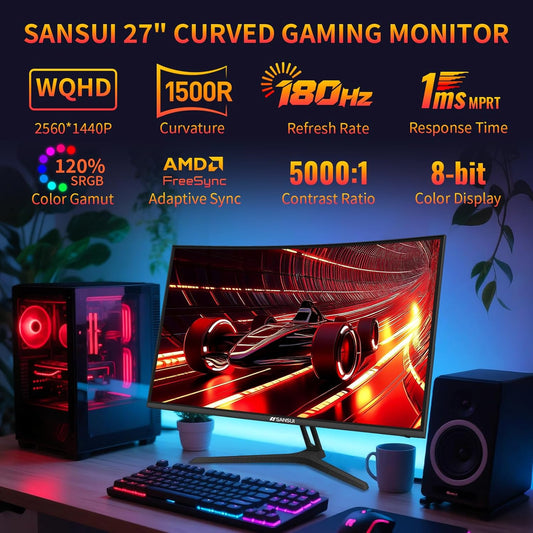 SANSUI 27 Inch WQHD 2560X1440 Curved Gaming Monitor, 180Hz MPRT 1ms Computer Monitor,HDMI2.0 * 2, DP1.2 * 2, Freesync, Curved 1500R, 5000:1 Contrast Ratio, 120% sRGB,HDR(ES-G27C1Q DP Cable Included)