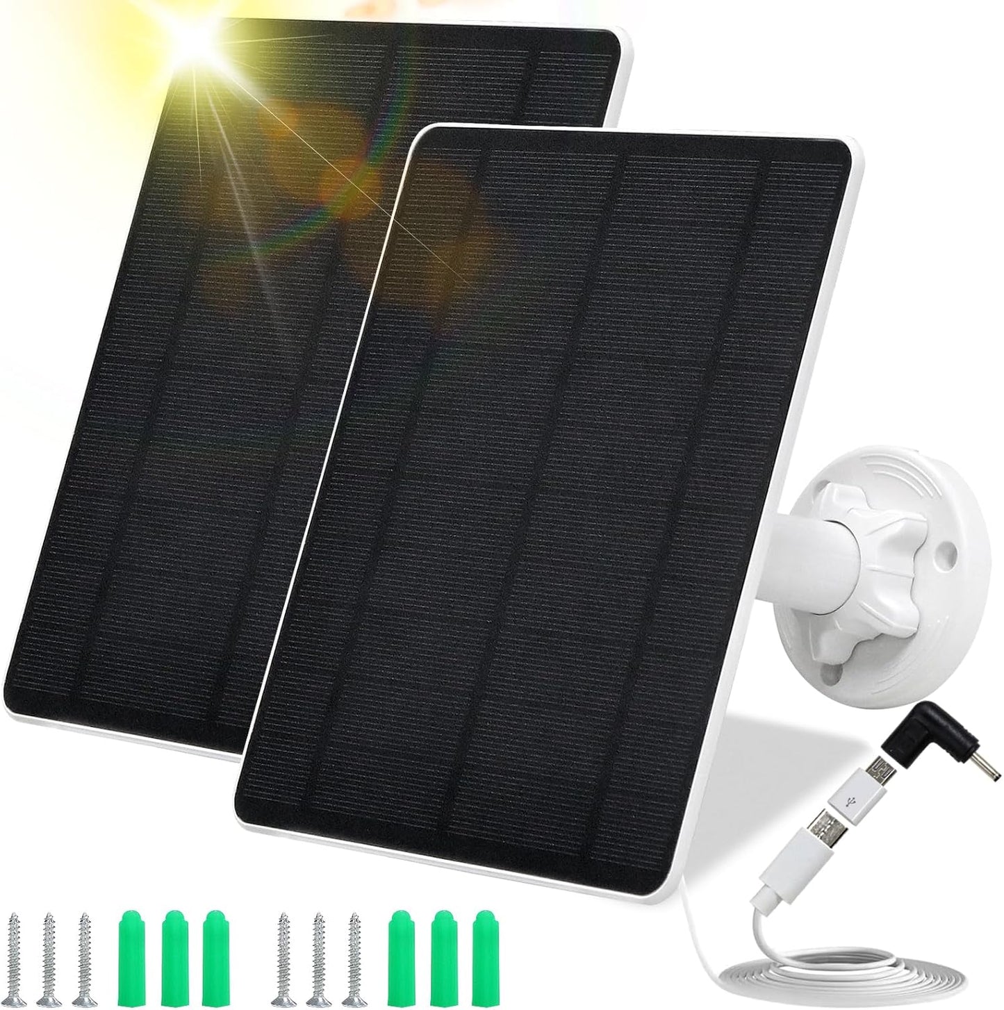 Solar Panel for Security Camera,5W USB Solar Panel for Cameras DC 5V,Camera Solar Panel Charger Micro USB & USB-C & DC,IP65 Waterproof Solar Panels with 9.8ft Cable,Adjustable Security Mount(2 Pack)