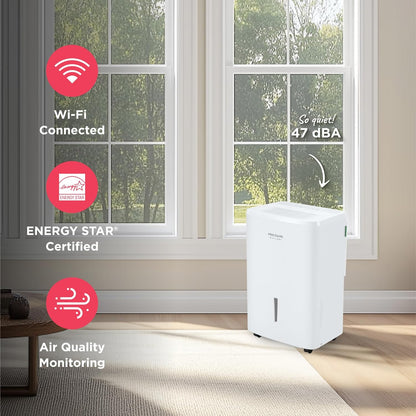 Frigidaire Gallery 2-in-1 50-Pint Portable Dehumidifier with Wi-Fi, Energy Star Certification & Air Quality Monitoring for Medium/Large Rooms & Basements, Custom Humidity Control, Auto Shut Off, White