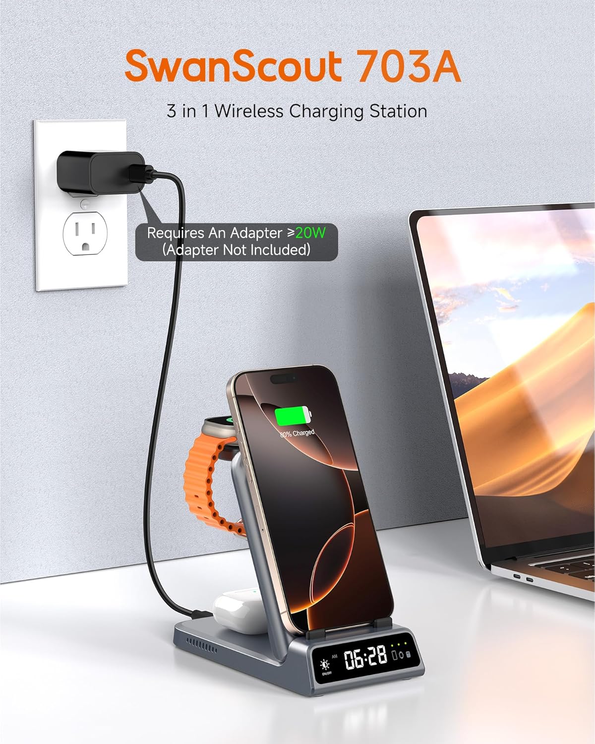 Wireless Charger for iPhone, SwanScout 703A, Charging Station for iPhone 16/15/14/13/12/11 Series, for Apple Watch Series 10/Ultra 2/9/8/7/SE 2/SE, for Airpods 4/Pro 2/3 (No Adapter)