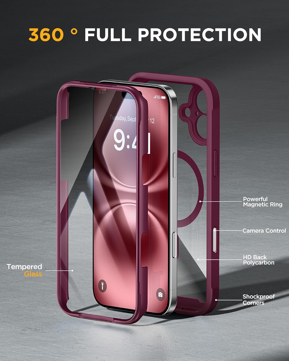 Miracase Magnetic for iPhone 16 Plus Case Full-Body Phone with Built-in Glass Screen Protector, [Compatible with MagSafe] Military Drop Proof 16 Plus Cover 6.7 inch, Plum