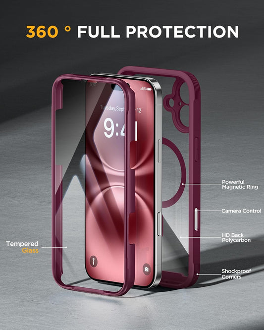 Miracase Magnetic for iPhone 16 Plus Case Full-Body Phone with Built-in Glass Screen Protector, [Compatible with MagSafe] Military Drop Proof 16 Plus Cover 6.7 inch, Plum