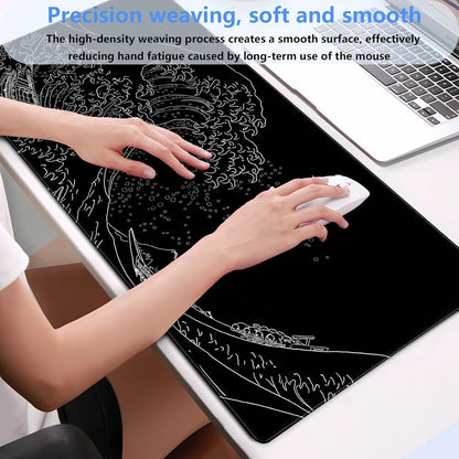 Japanese Great Wave Off Kanagawa Gaming Mouse Pad - XL Extended Ukiyo-e Art Desk Mat, Non-Slip Waterproof Rubber Base & Stitched Edges, 31.5 x 15.7 Inch Large Computer Mousepad