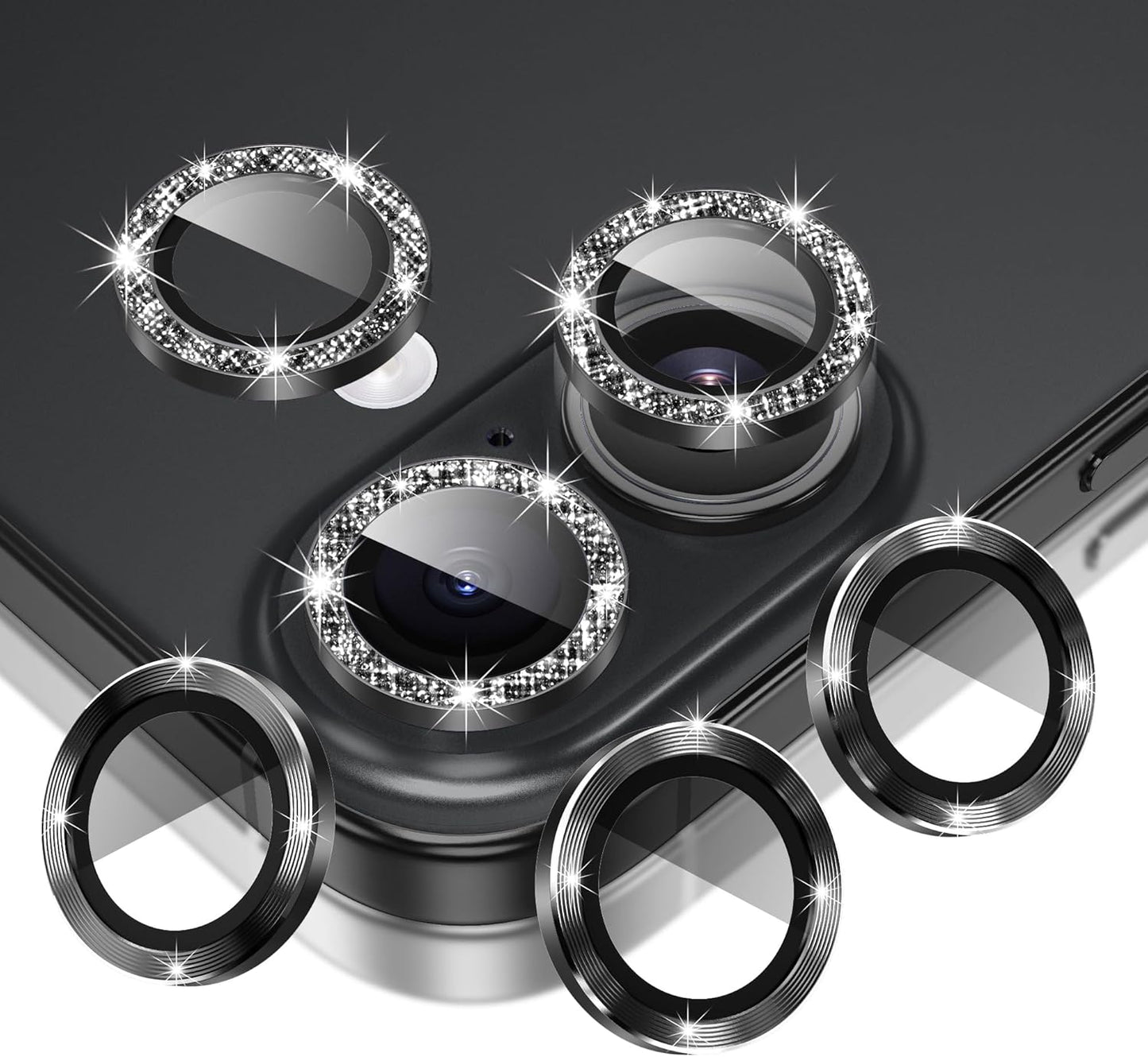 AGVEE 3+3 6 Pack for iPhone 16 6.1" / 16 Plus 6.7" Camera Lens Cover Protector, Bling Glitter & CD-Textured Metal Ring 9H Tempered HD Glass Camera Cover Protector Film, Glitter-Black