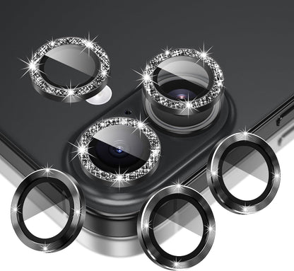 AGVEE 3+3 6 Pack for iPhone 16 6.1" / 16 Plus 6.7" Camera Lens Cover Protector, Bling Glitter & CD-Textured Metal Ring 9H Tempered HD Glass Camera Cover Protector Film, Glitter-Black