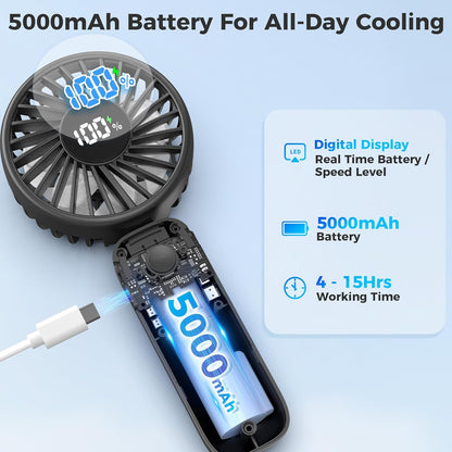 Portable Handheld Fan, 5000mAh Rechargeable Battery, Max 15H Cooling, 4 Speeds, LED Display, Foldable Design, 3-IN-1 Personal Pocket Fan with lanyard for Travel Outdoors Makeup Concert Commute
