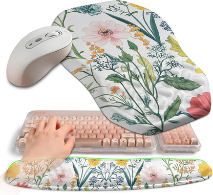 2-in-1 Ergonomic Set, Wave Keyboard Wrist Rest and Massage Slope Mouse Pad Wrist Support, Rebound Memory Foam for Relieve Carpal Tunnel Syndrome and Wrist Pain (Pink Flowers)