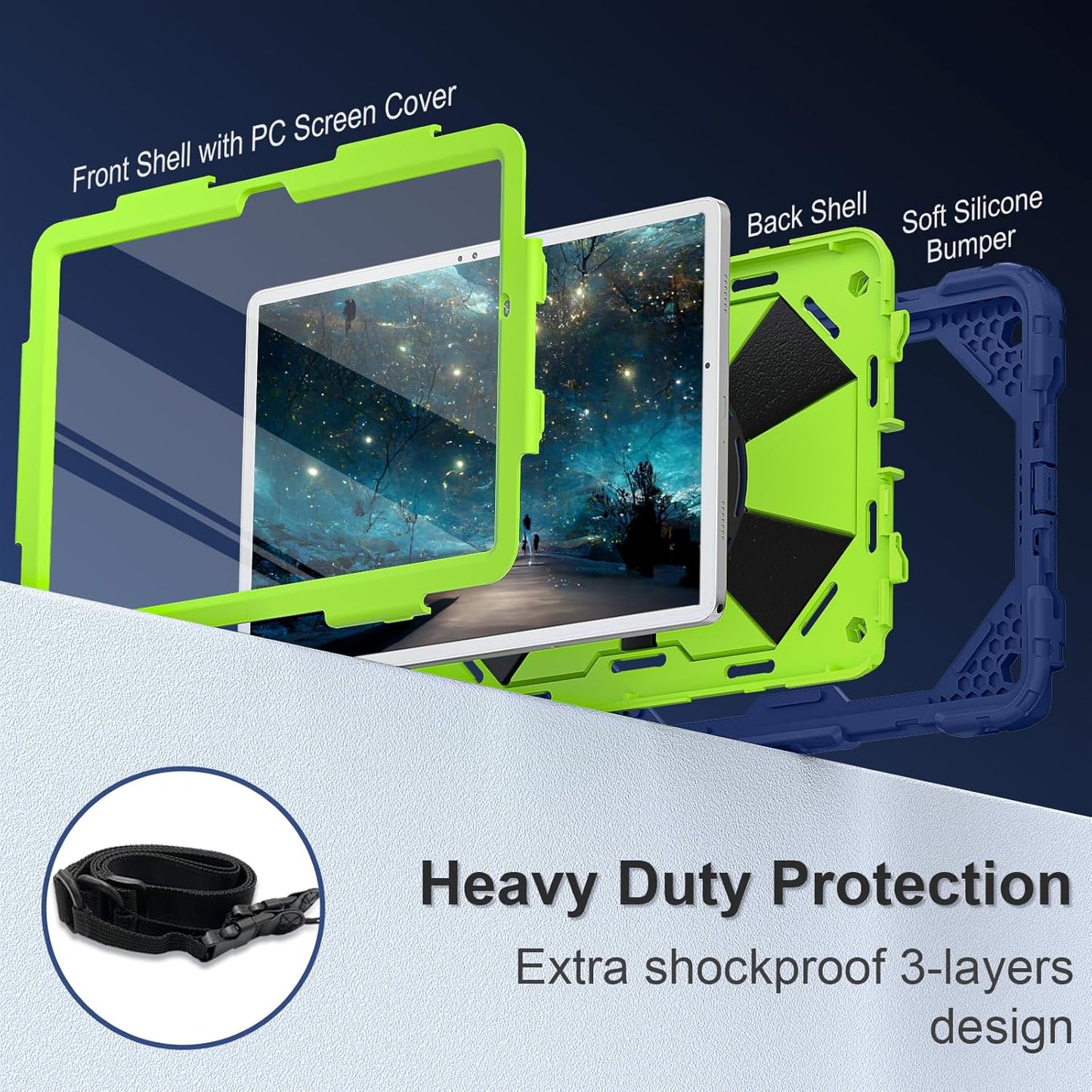 Scnoiy for Galaxy Tab A9 Plus Case 11 Inch, Rugged Case for Samsung Galaxy A9+ Tablet Case with Screen Protector 360 Rotating Stand Shoulder Strap Pen Holder, 2023 Model(SM-X210/X216/218), Navy Green