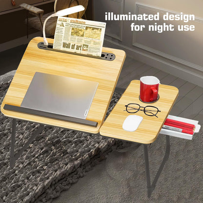 CloudTrip Plus XL Adjustable Laptop Desk with Light, USB Port, iPad Holder, Drawer Storage - Larger 23.6IN Adjustable Lap Desk for Bed, Home Office, Breakfast Tray, Fordable Legs Desk (Walnut)