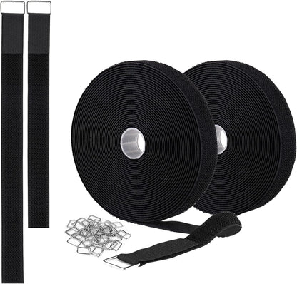 2 Rolls 32.2ft 1 Inch Wide Cable Ties, Jumpso Adjustable Fastening Zip Ties Hook and Loop Straps with 40 Metal Buckles, Reusable Nylon Cinch Straps for Organizer, Black