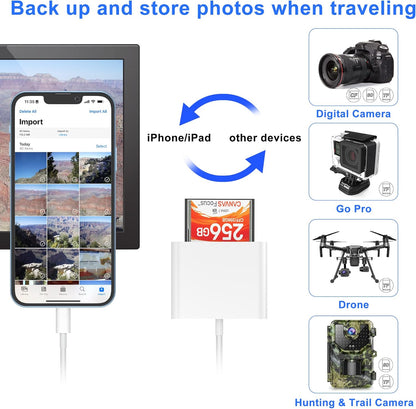 CF SD Card Reader for iPhone iPad, 3 in 1 Compact Flash Memory Card Reader Adapter, 3-Slot MicroSD CF SD Trail Game Digital Camera Viewer for iPhone 14/14 Pro/13/13 Pro No App Required