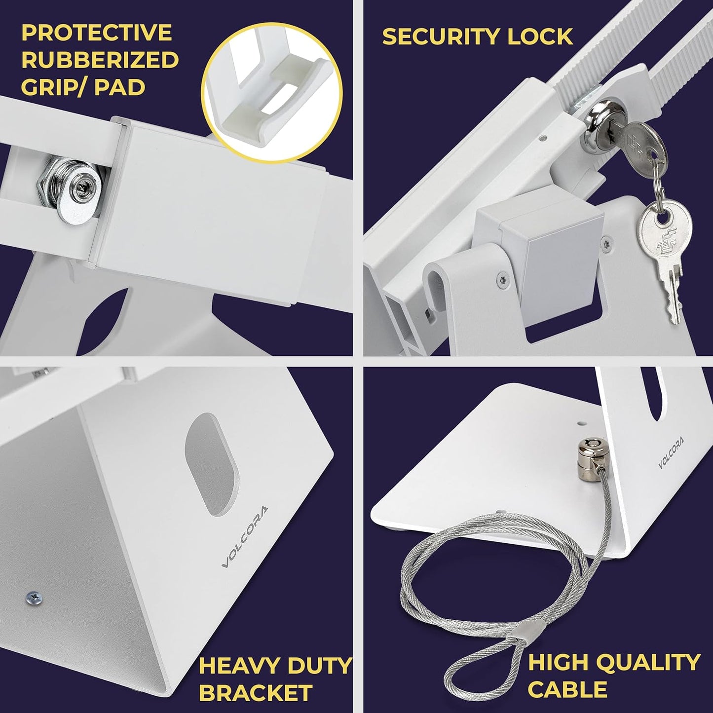 Volcora Anti-Theft Tablet Stand iPad Security Holder with Lock, White 10-13 Inch Kiosk Stand Mount, Swivel, Adjustable, for iPad Pro, Air, POS Register, Retail Business, Checkout, Cashier