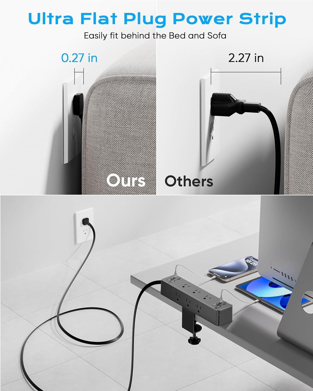 Flat Plug Desk Clamp Power Strip 10FT, 24W Total Charging Station, Desk Edge Mount Power Strip 9 AC Outlets 8 USB Ports Surge Protector, Fit 1.7" Tabletop Edge, Home Office Accessories
