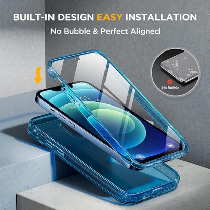 Miracase Glass Series for iPhone 12/12 Pro Case 6.1 inch, Upgraded Full-Body Rugged Phone Bumper Case Cover with Built-in 9H Tempered Glass Screen Protector and Camera Protector, Glitter Blue