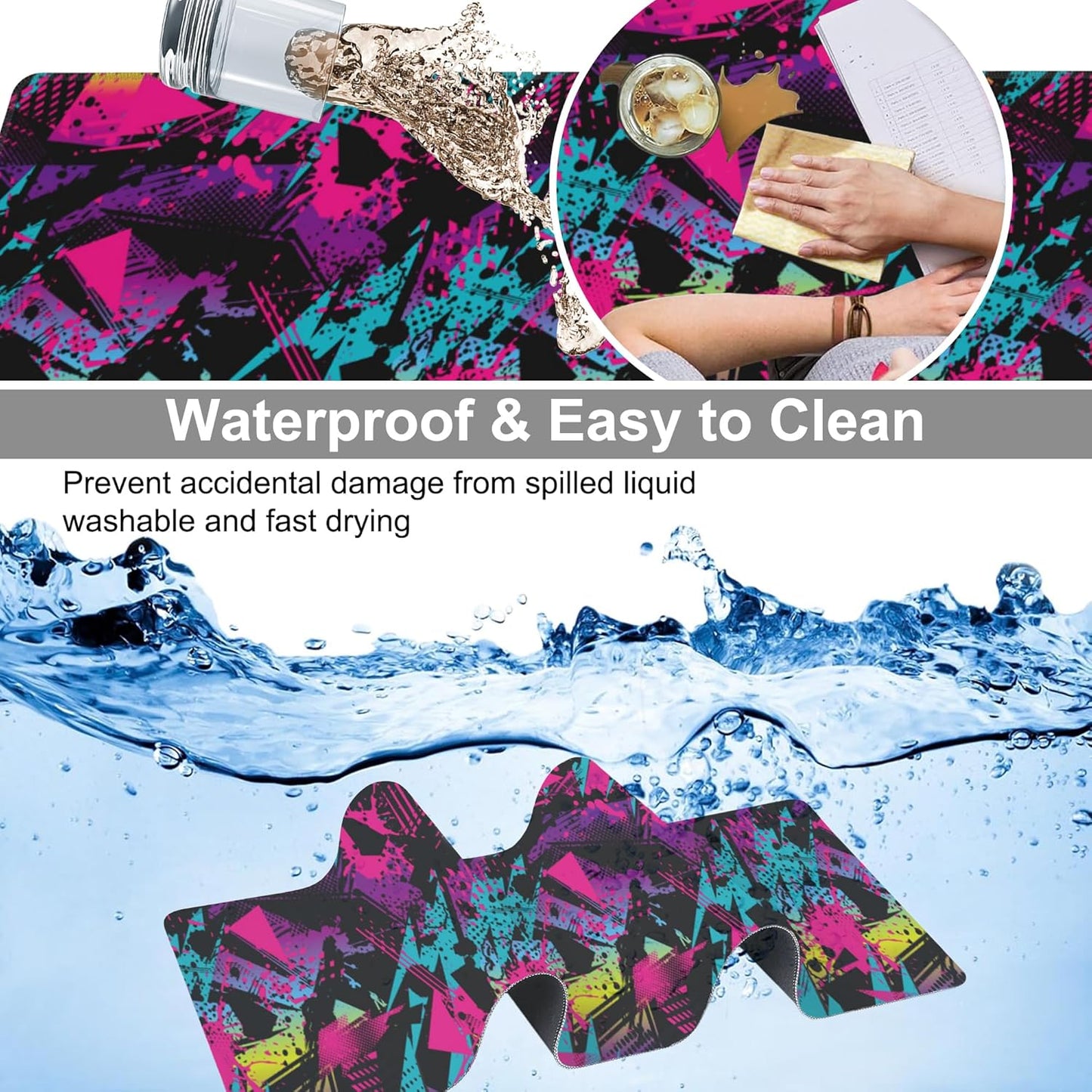 Abstract Grunge Elements Desk Mat,Large Neon Color Patterns Gaming Keyboard Mouse Pad,Non-Slip Rubber Base Desk Pad Thick Stitched Edges Waterproof Mousepad Mouse Mat 31.5"x11.8"