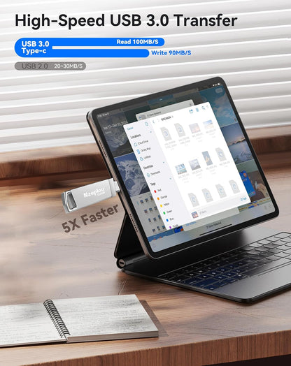 256GB Flash Drive for iPhone iPad, USB3.0 High-Speed Memory Stick No App Needed, Lightening & USB-C External Memory Storage for Photos Videos, Picture Backup Thumb Drive Plug & Play (Silver)