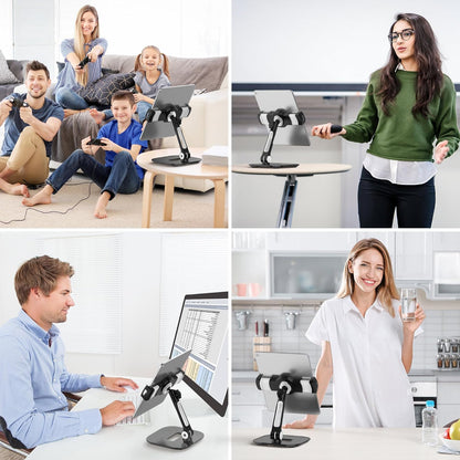 AboveTEK Tablet Stand Holder, Stylish Aluminum iPad Stands, Foldable 360° Swivel Table Stand Holder fits 4-11" Tablets/Smartphones for Kitchen Bedside Office POS Showroom Reception (Black)