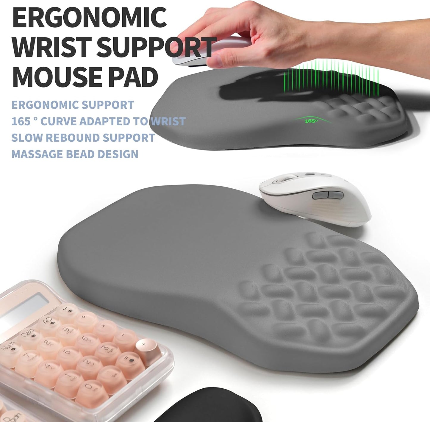 2-in-1 Ergonomic Set, Wave Keyboard Wrist Rest and Massage Slope Mouse Pad Wrist Support, Rebound Memory Foam for Relieve Carpal Tunnel Syndrome and Wrist Pain (Dark Grey)