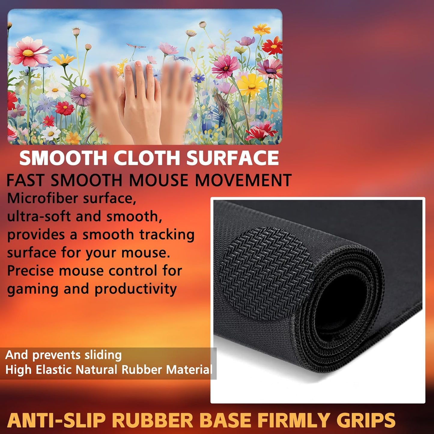 Large Gaming Mouse Pad, Colorful Wildflowers in Field Desk Mat, Watercolor Flowers Desk Pad, 31.5"x15.7" Extended Big Computer Keyboard Mouse Pad with Non-Slip Base and Stitched Edge