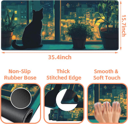 Mouse Pad Large Cat Sitting on The Windowsill Non-Slip Game Desk Mat with Stitched Edge Laptop Keyboard Desk Pad for Work Home Gaming (35.4 x 15.7 Inches)