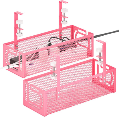 Under Desk Cable Management Tray, 15.7'' No Drill Steel Desk Cable Organizers, Wire Management Tray Cable Management Rack (2 Pack-Pink)