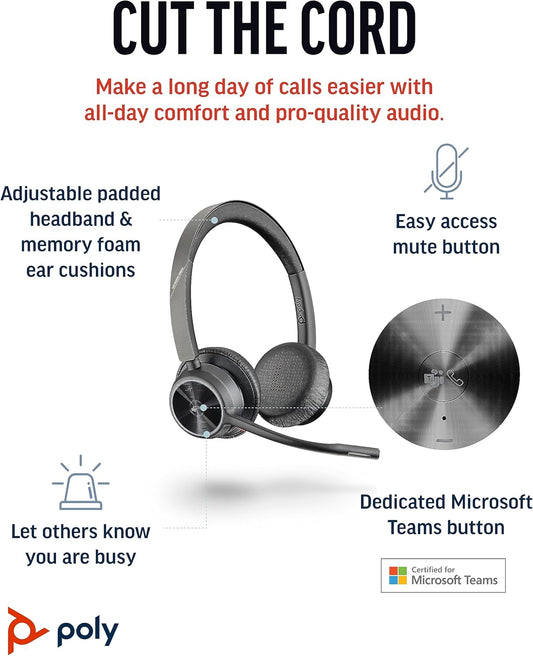 Poly Voyager 4320 UC Wireless Headset (Plantronics) - Stereo Headphones w/Noise-Canceling Boom Mic - Connect PC/Mac/Mobile via Bluetooth - Works w/Teams (Certified), Zoom, & More - Amazon Exclusive